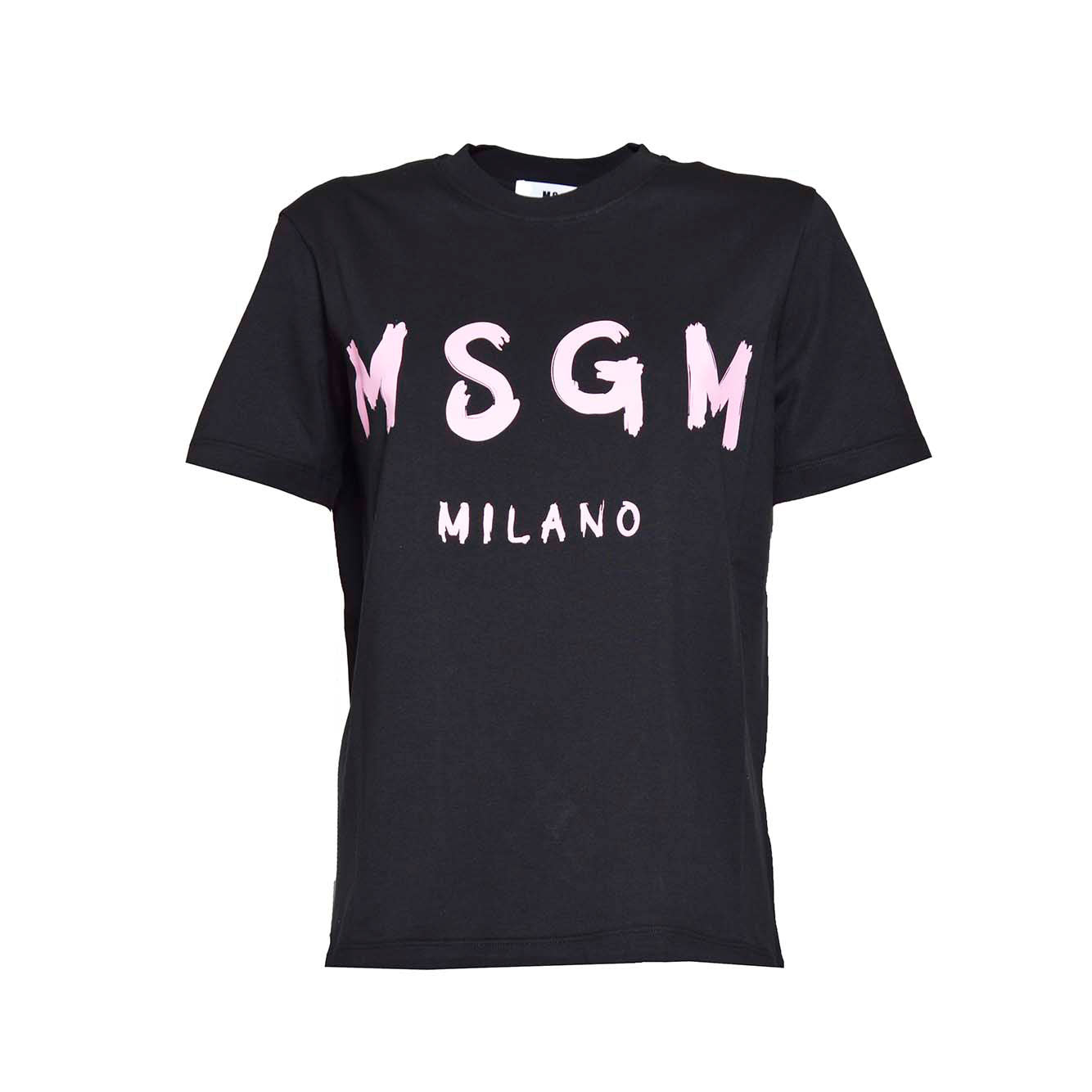 T-shirt in cotone nero stampa logo pennello rosa MSGM