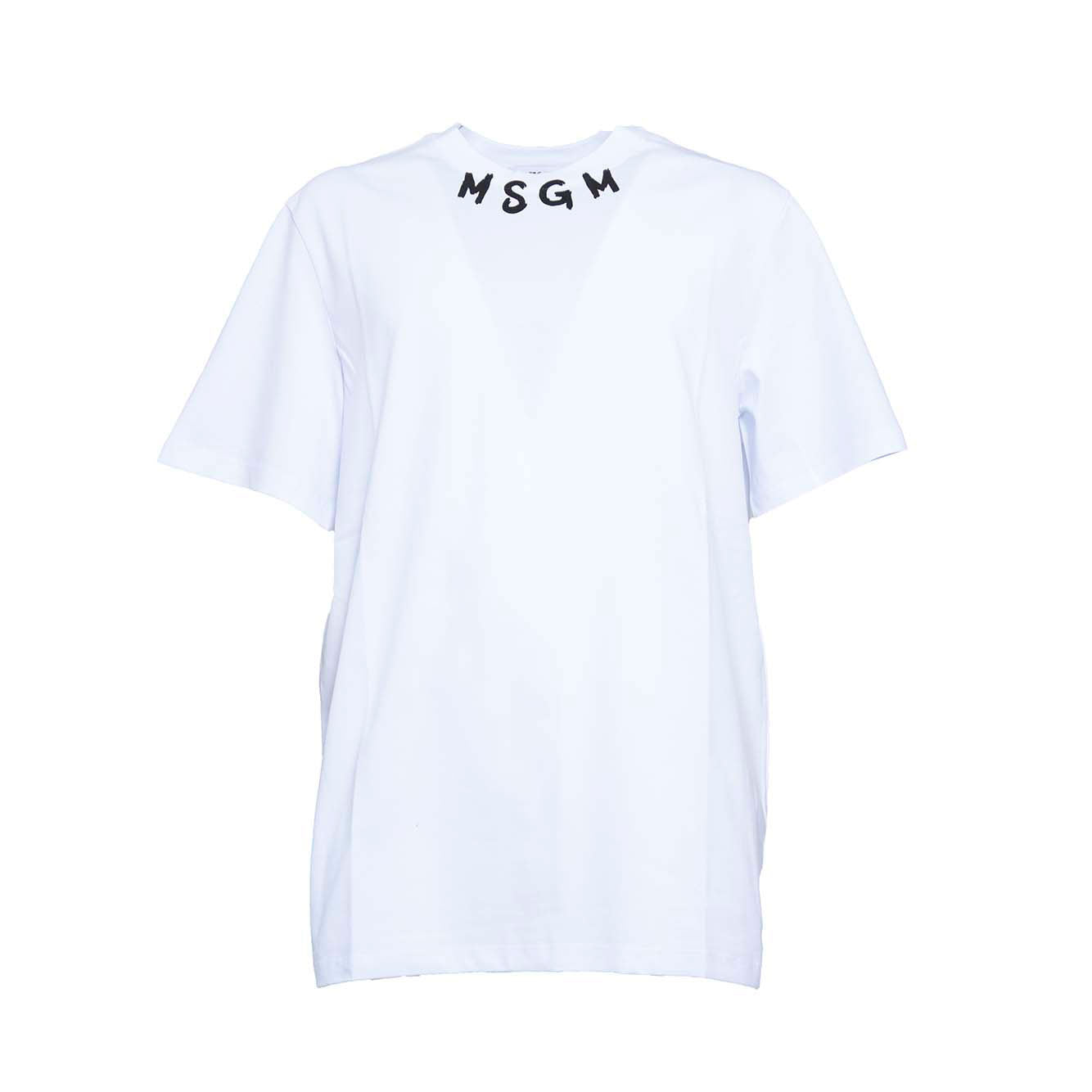 T-shirt in cotone bianco stampa logo pennello sul collo MSGM