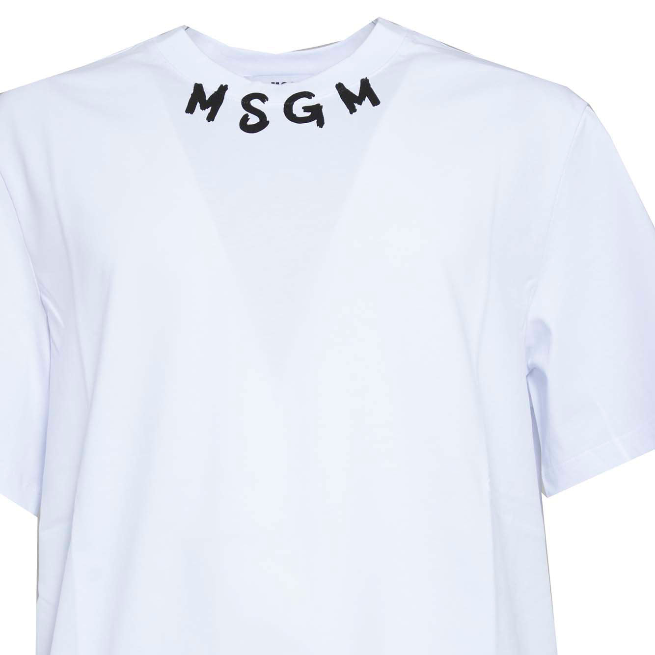 T-shirt in cotone bianco stampa logo pennello sul collo MSGM
