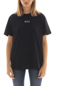 T-shirt in cotone nero con stampa mini logo N°21