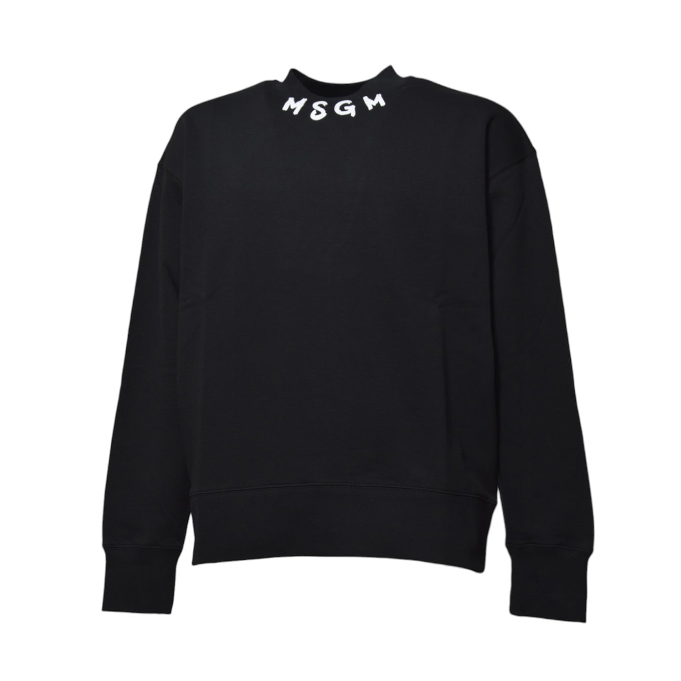 Felpa girocollo in cotone nero stampa logo su collo MSGM