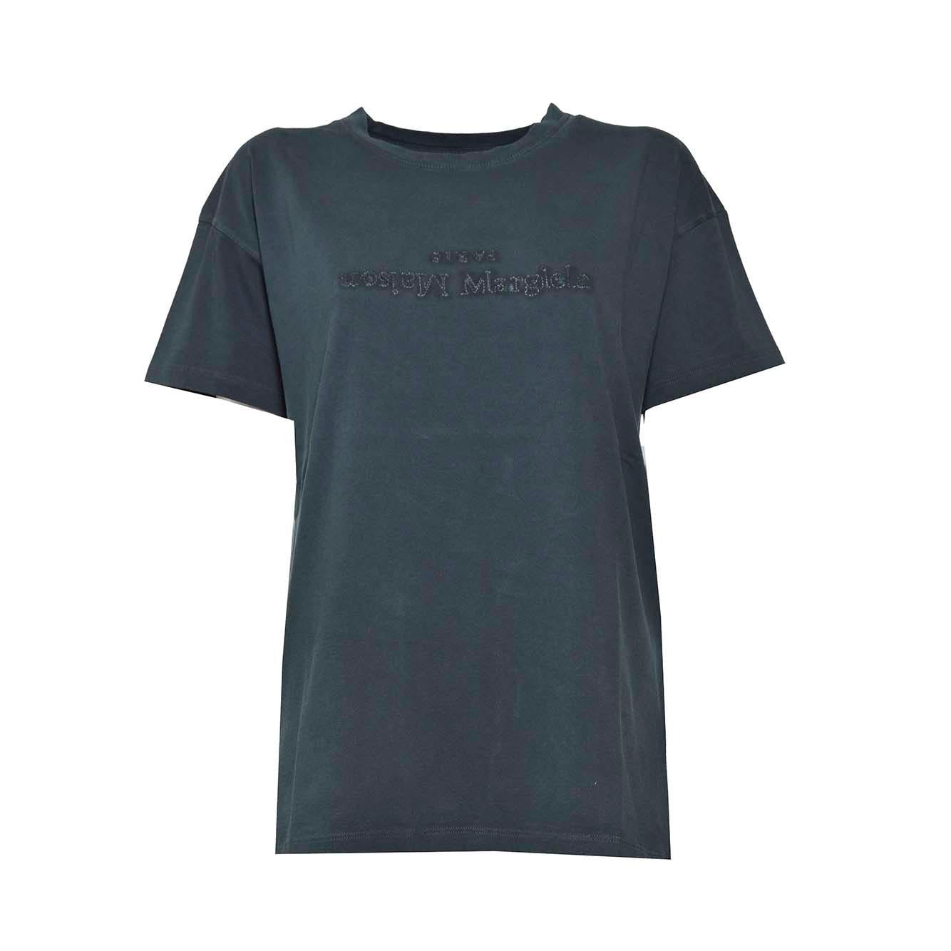 T-shirt in cotone grigio con logo inverso Maison Margiela