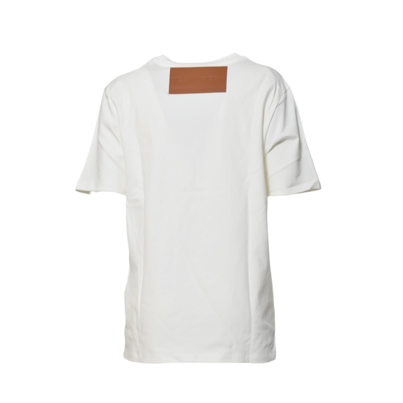 T-shirt girocollo in cotone panna con applicazione in pelle Jil Sander