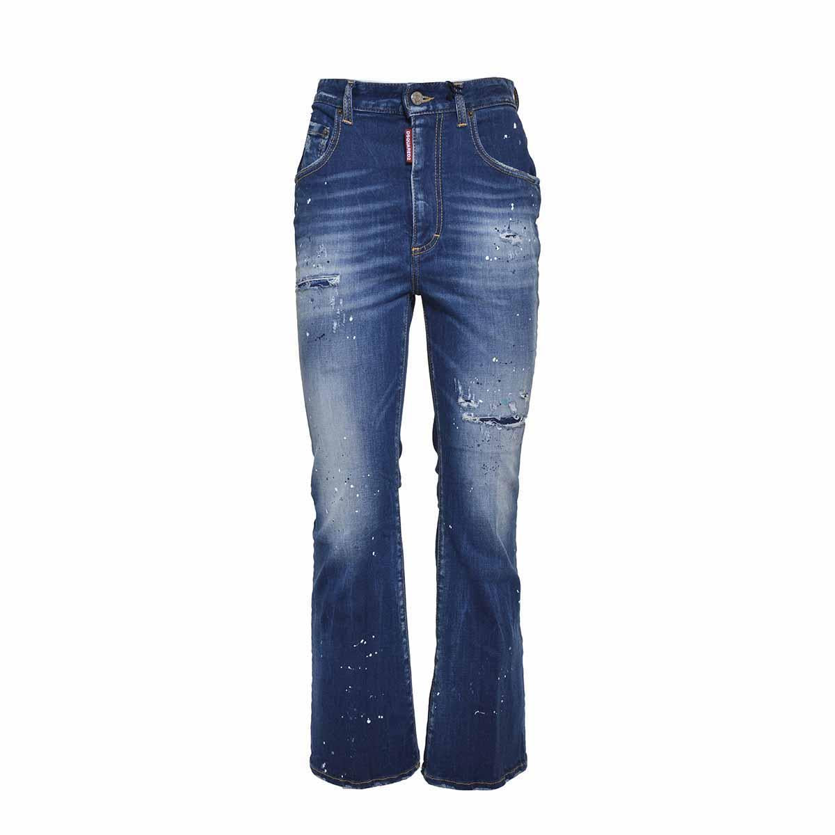 Jeans Bell Bottom a vita alta blu con dettagli vernice Dsquared2