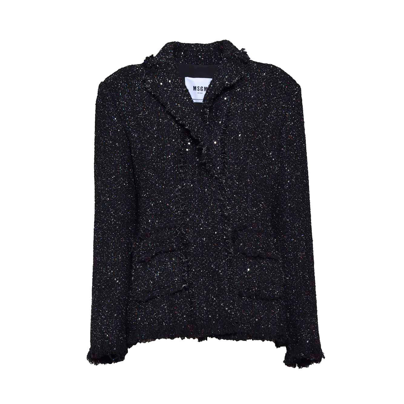 Giacca monopetto in tweed lurex nero e bordi sfrangiati MSGM