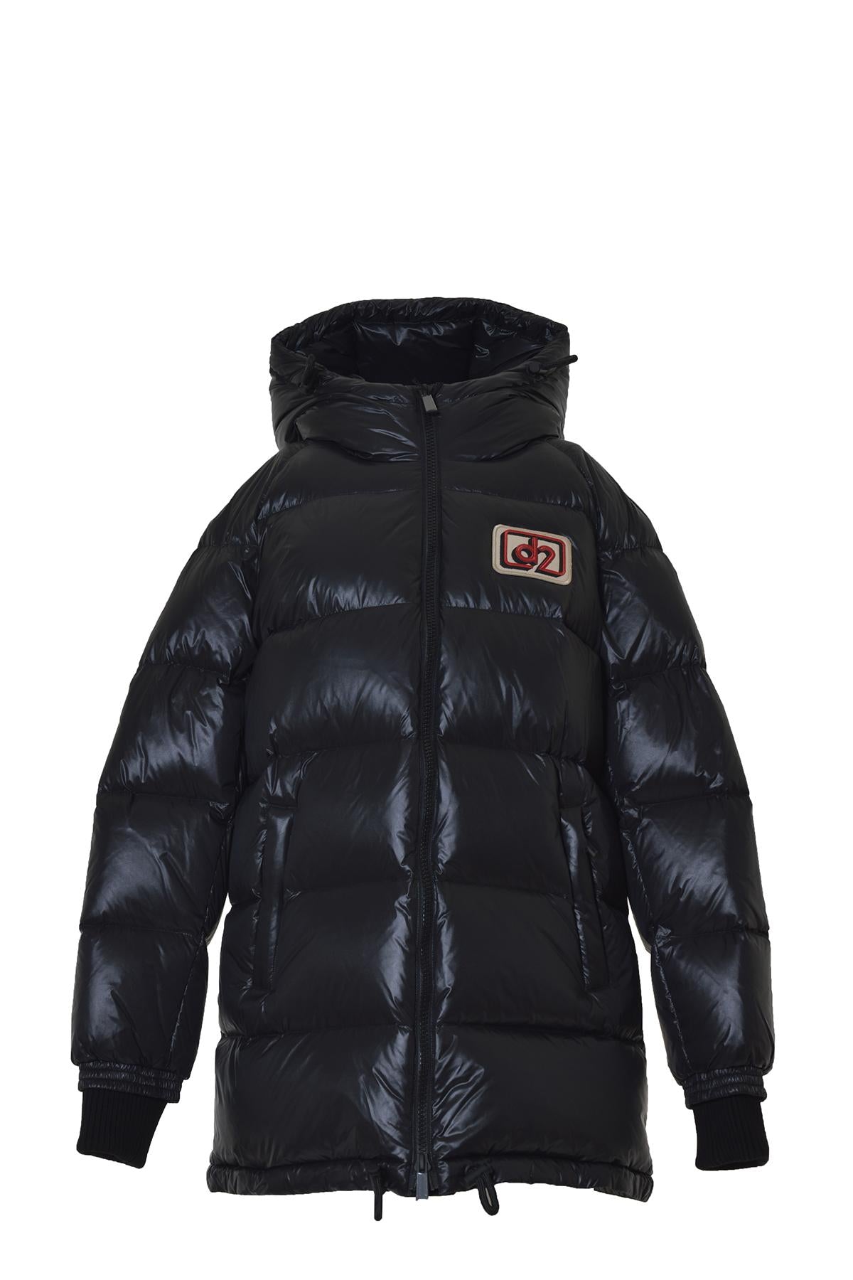Piumino lungo D2 in nylon nero con cappuccio Dsquared2