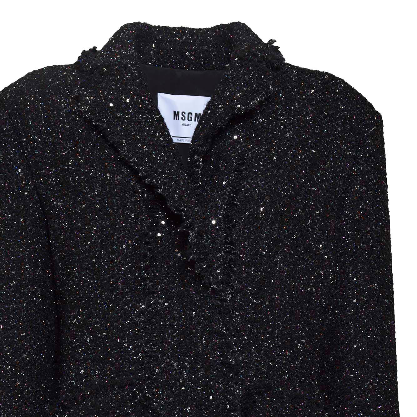 Giacca monopetto in tweed lurex nero e bordi sfrangiati MSGM