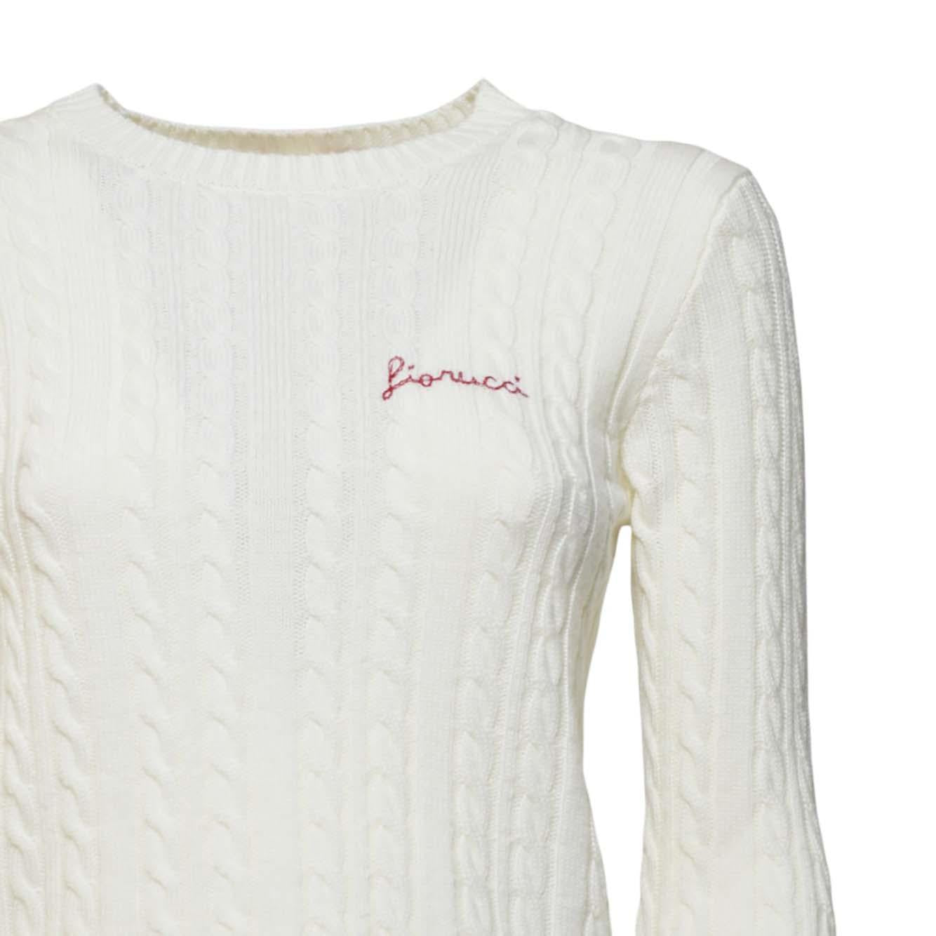 cream merino cableknit red logo cropped sweater