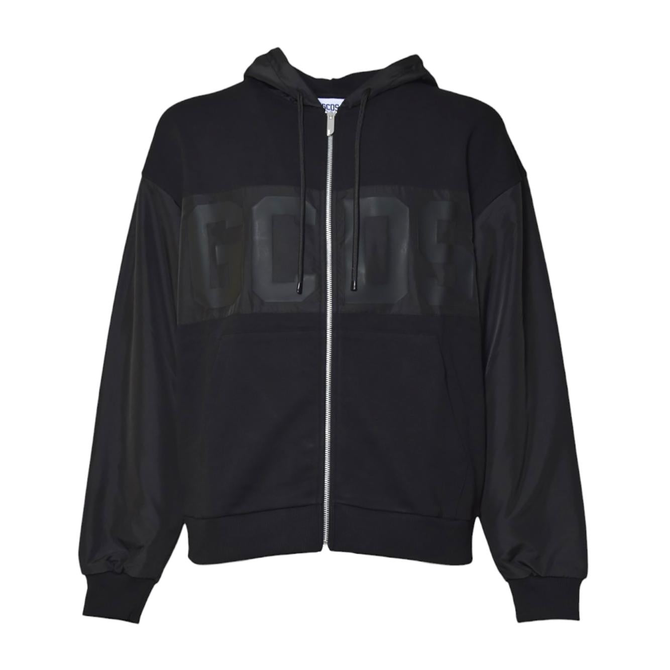 Felpa con cappuccio Band Logo in nylon nero e zip GCDS