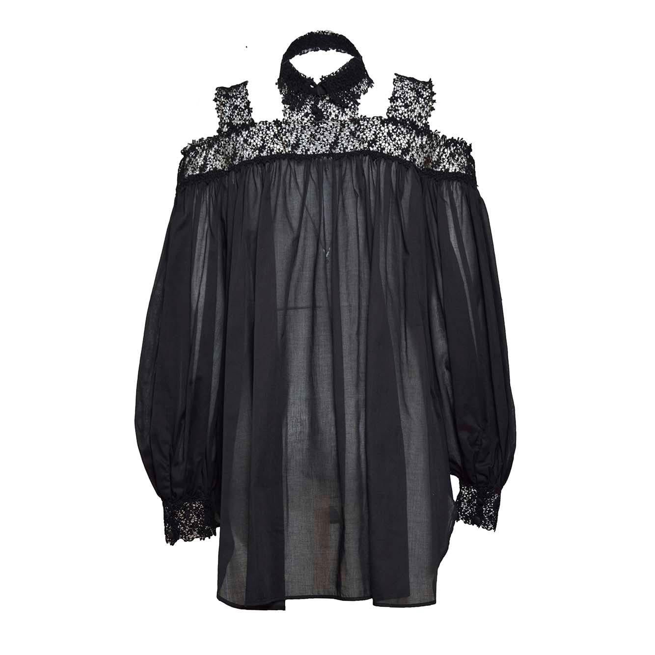 Camicia in seta nera con pizzo Ermanno Scervin