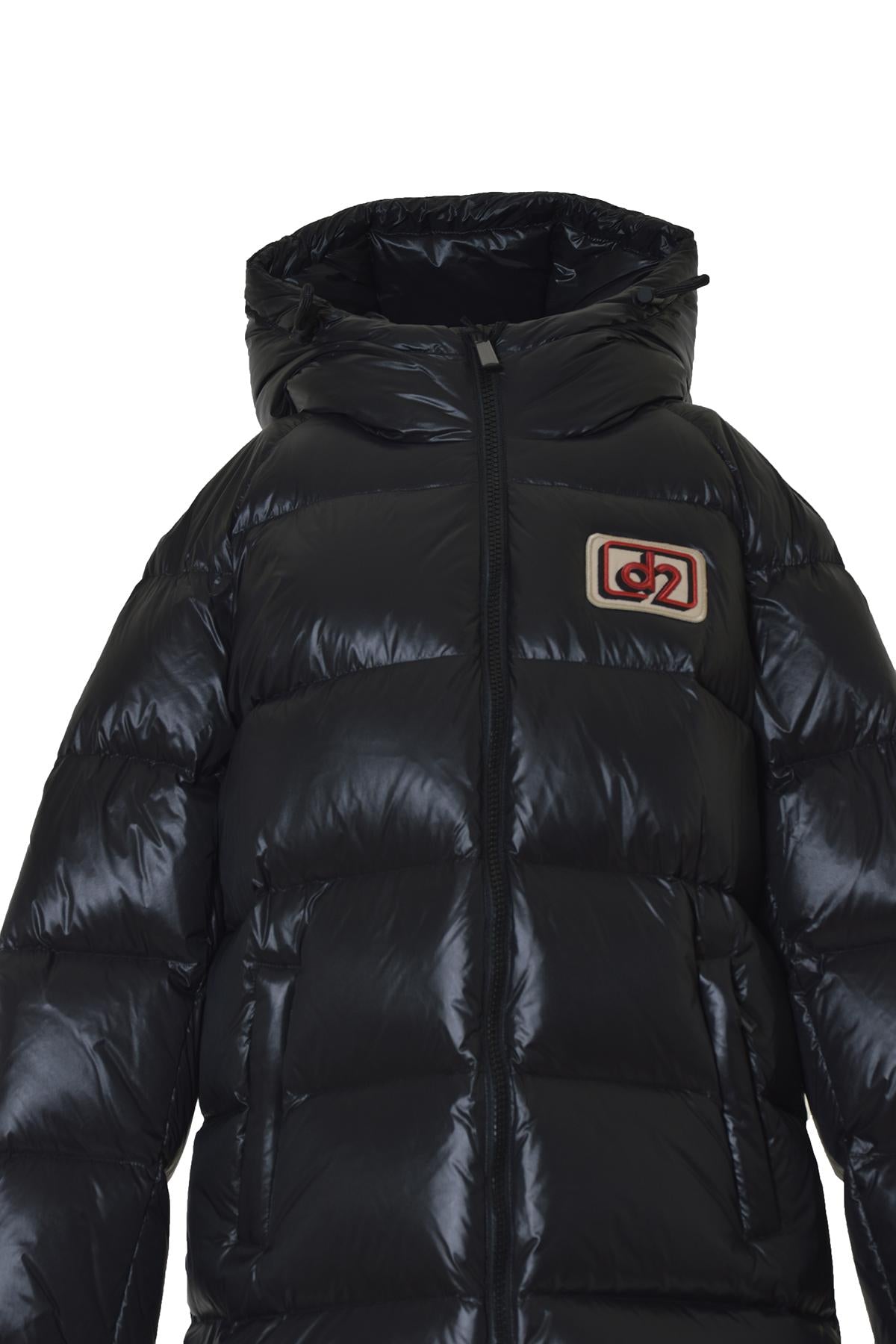 Piumino lungo D2 in nylon nero con cappuccio Dsquared2