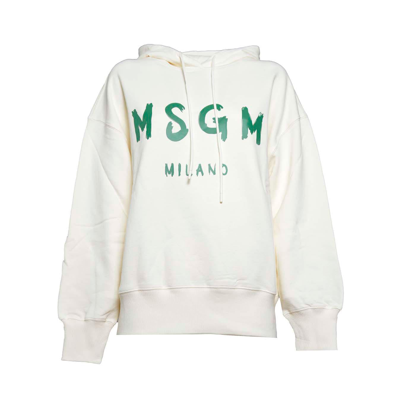 Felpa con cappuccio in cotone panna stampa pennello verde MSGM