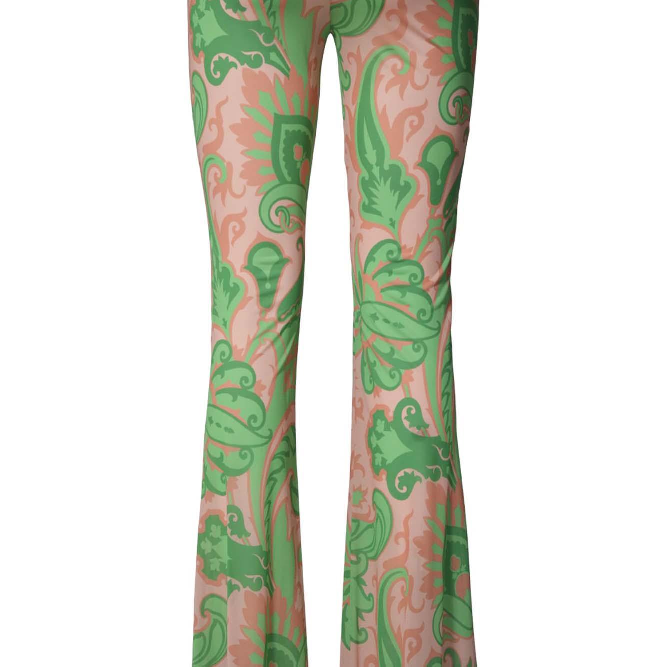 Pantalone flare in viscosa verde stampa paisley rosa e verde Etro