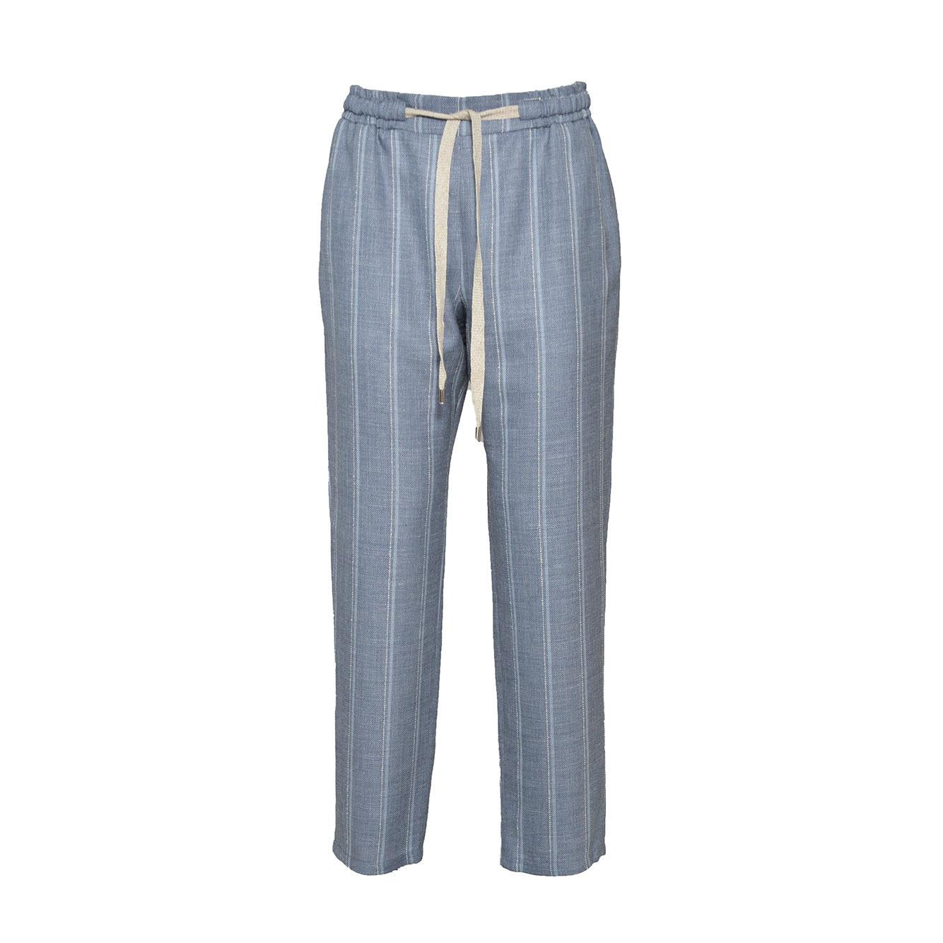 Pantalone Joke dritto in lino e lana azzurro gessato Barba