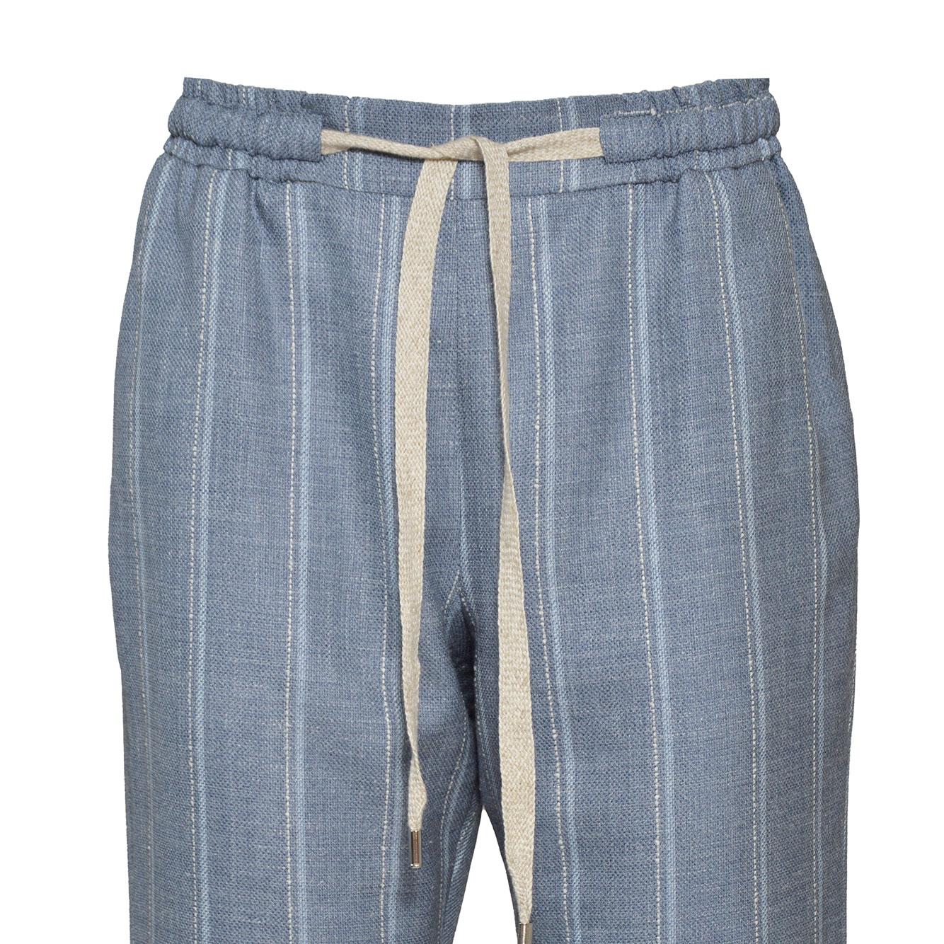 Pantalone Joke dritto in lino e lana azzurro gessato Barba