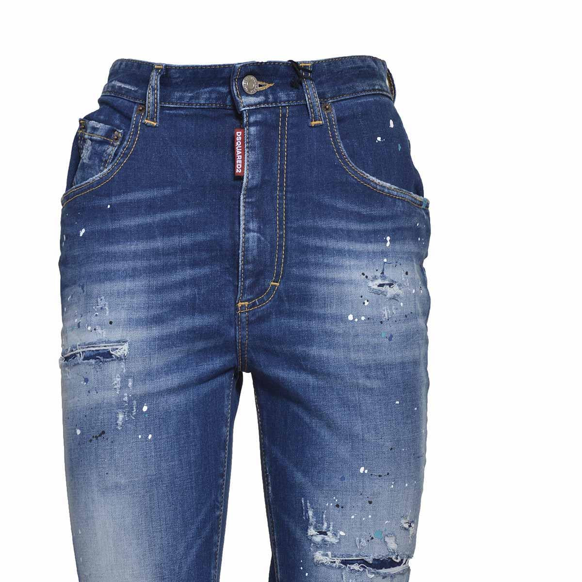 Jeans Bell Bottom a vita alta blu con dettagli vernice Dsquared2