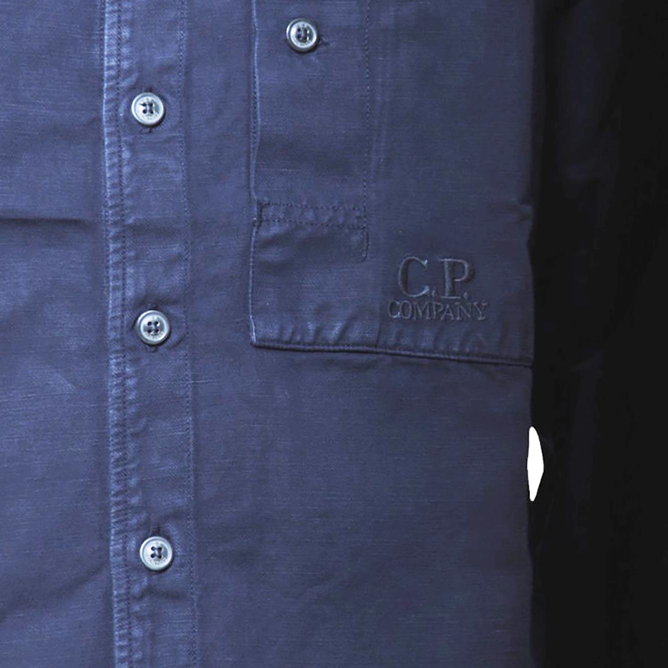 Camicia in cotone e lino blu con logo C.P. Company