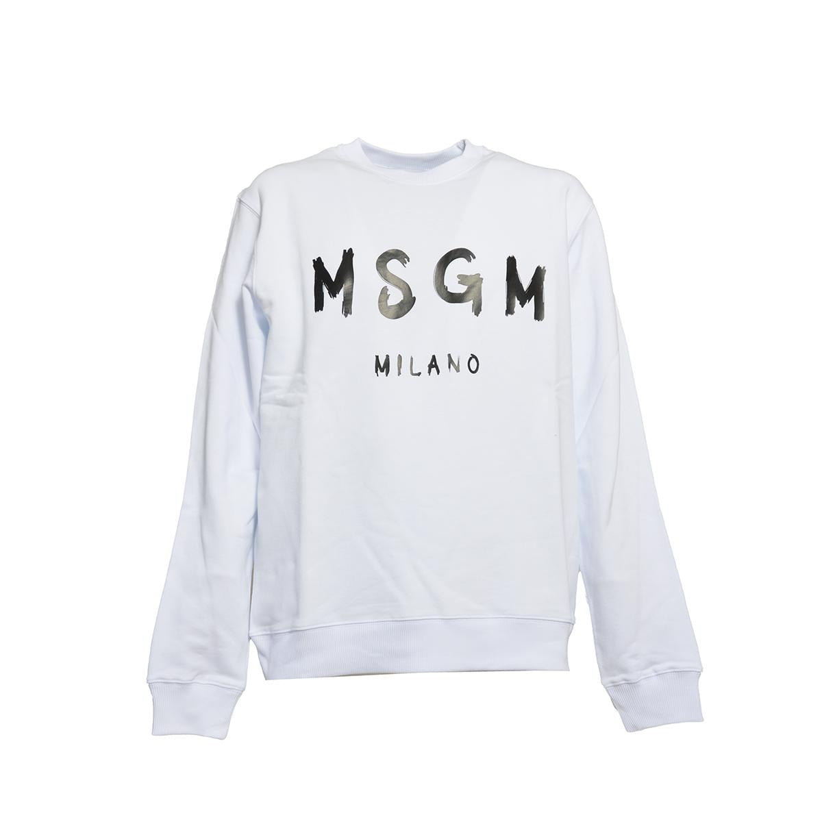 Felpa girocollo in cotone bianco con stampa logo MSGM
