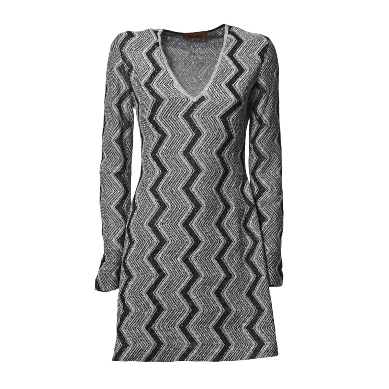 Abito con scollatura a V in viscosa chevron nero lamé Missoni