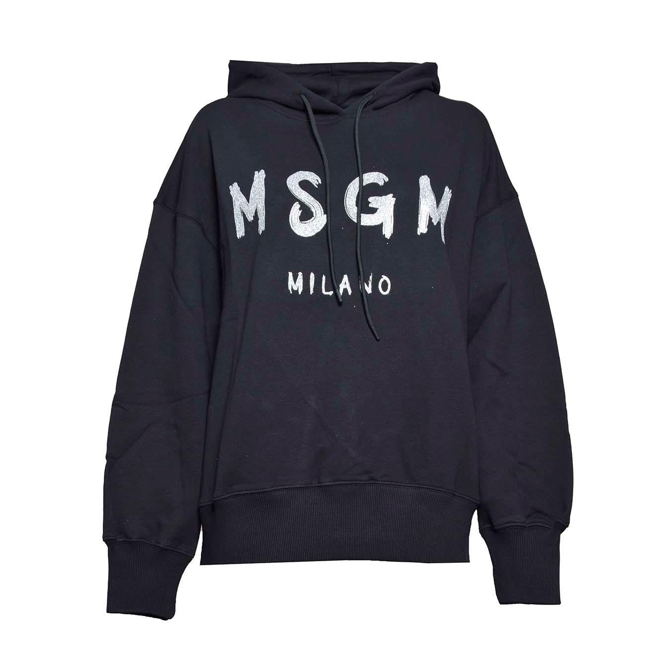 Felpa con cappuccio in cotone nero stampa pennello glitter MSGM