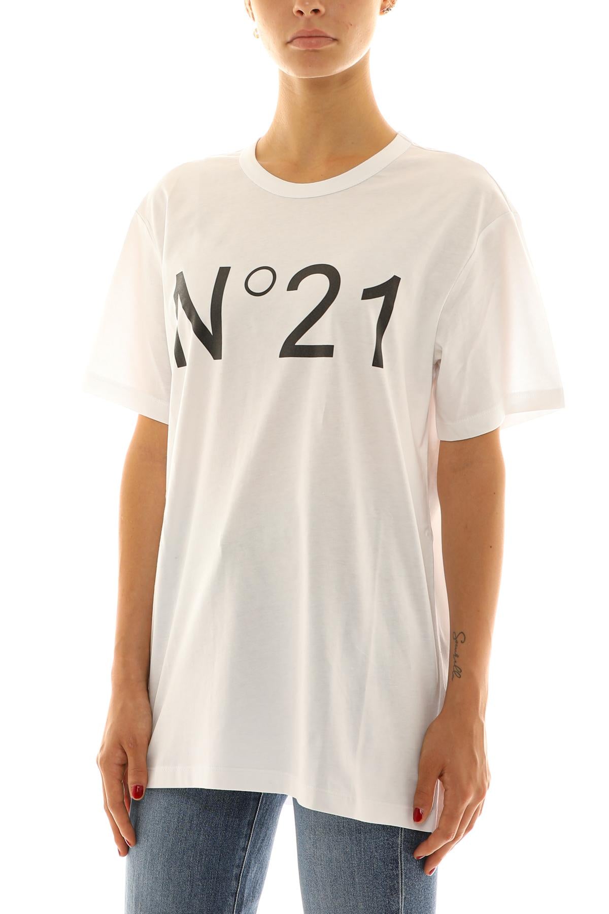 T-shirt over in cotone bianco con stampa logo N°21