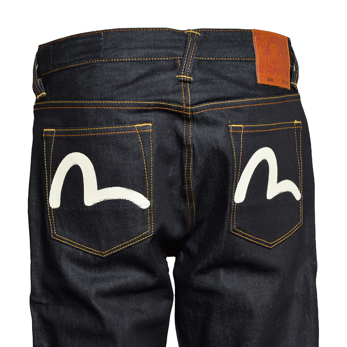 ht, white seagull printed pocket jeans raw indigo 