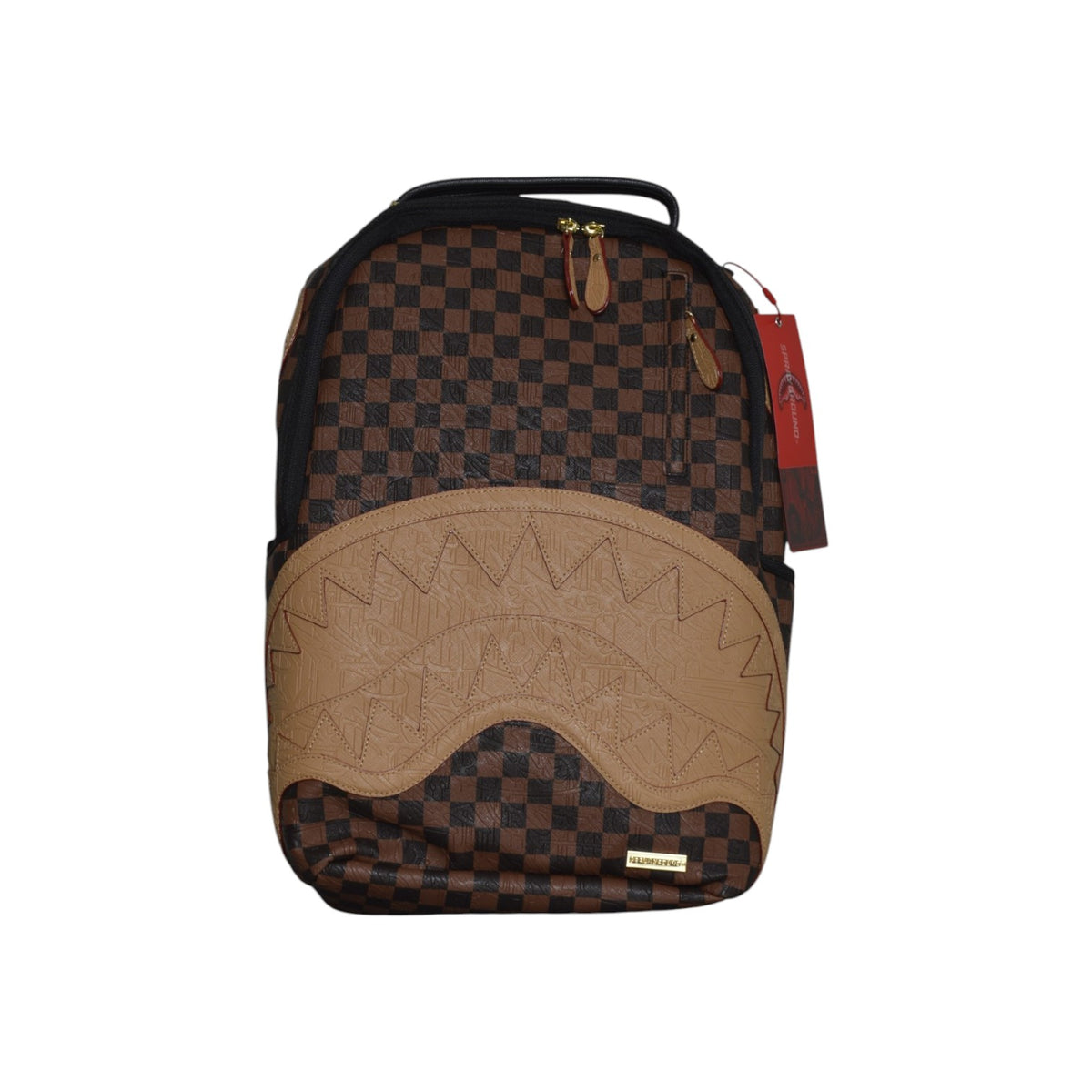 embossed check brown backpack 