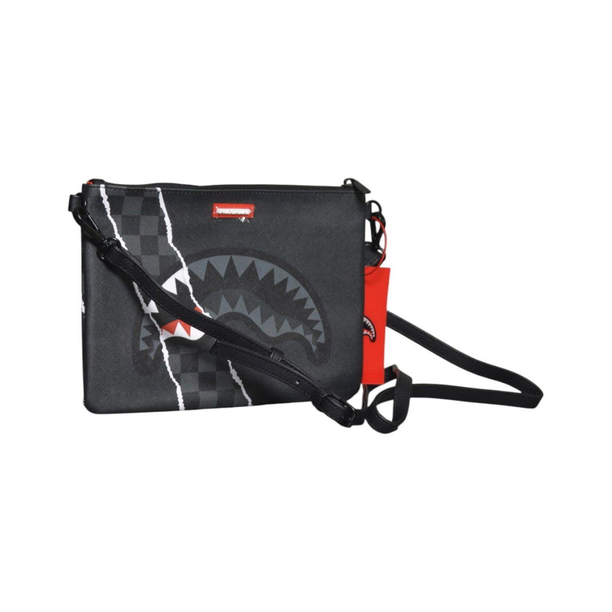 center rip revealing gray check crossover clutch 