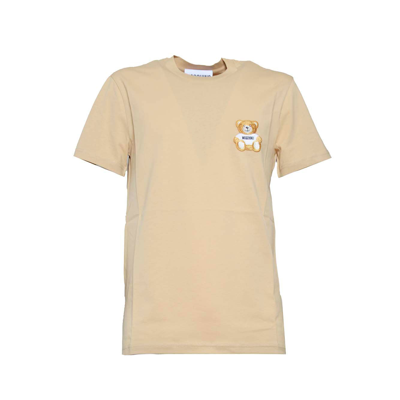 T-shirt in cotone organico beige con patch Teddy Moschino