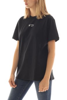 T-shirt in cotone nero con stampa mini logo N°21 
