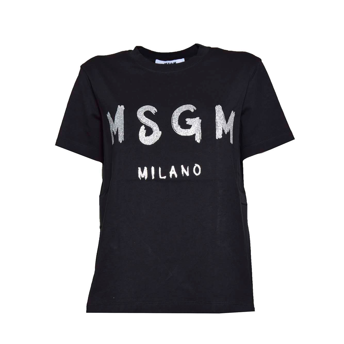 T-shirt in cotone nero stampa logo pennello glitter MSGM 