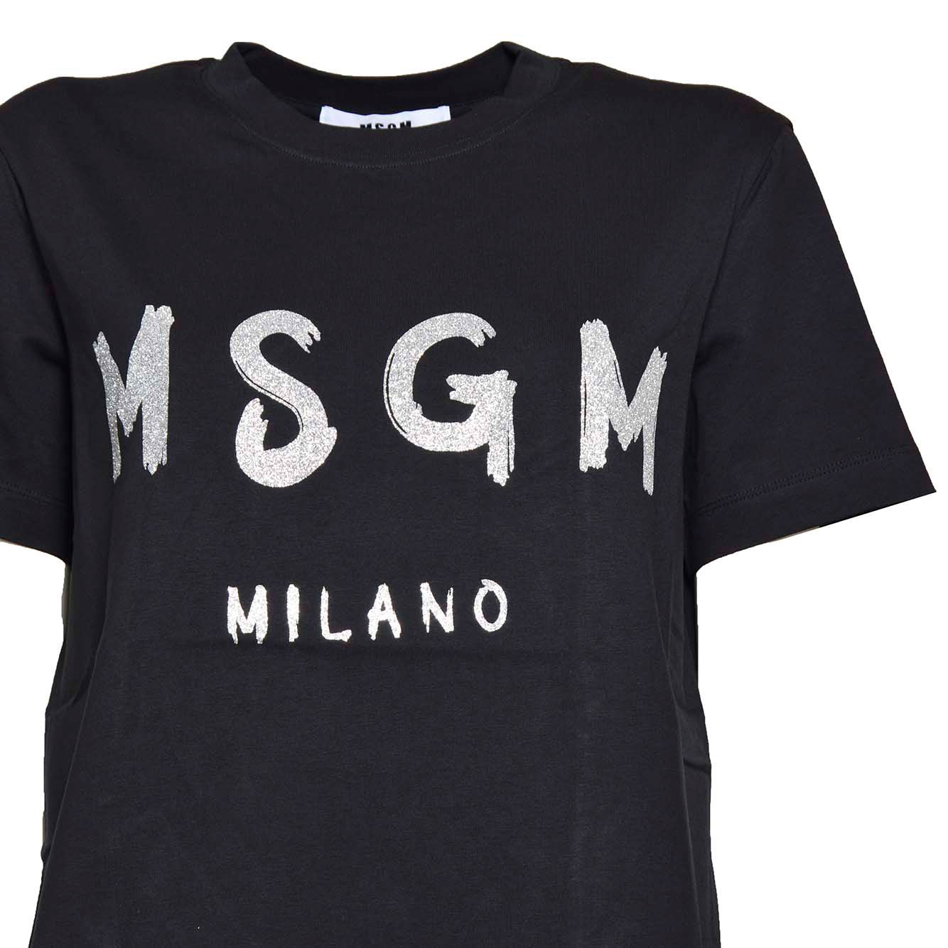 T-shirt in cotone nero stampa logo pennello glitter MSGM 
