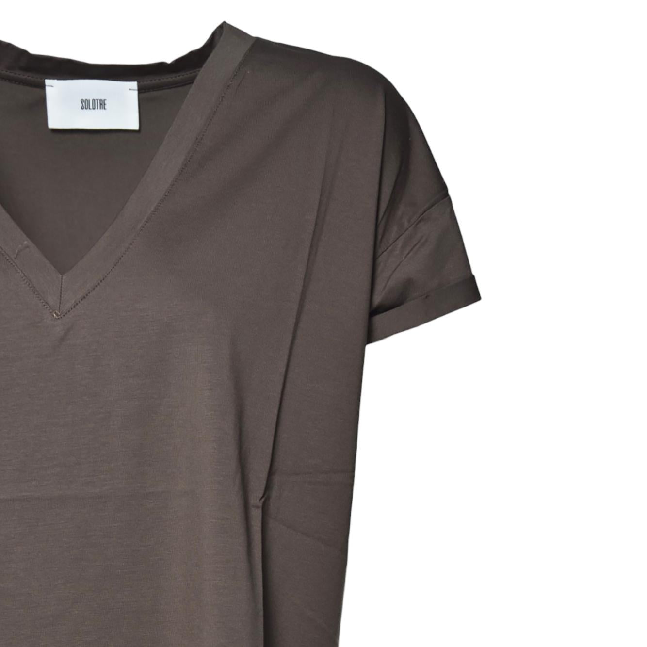 T-shirt scollo a V in cotone marrone Solotre 