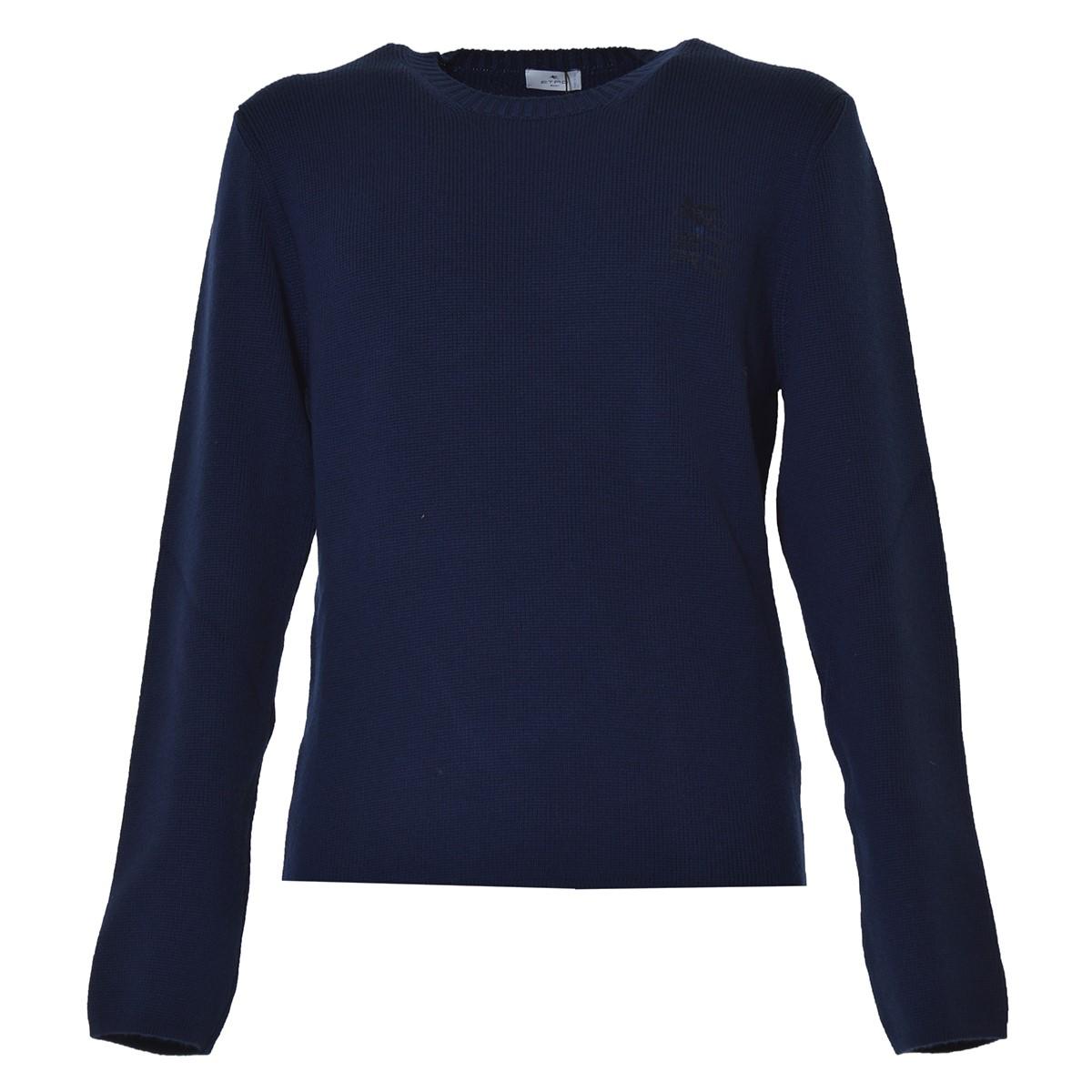 Pullover girocollo in lana blu con logo Etro 