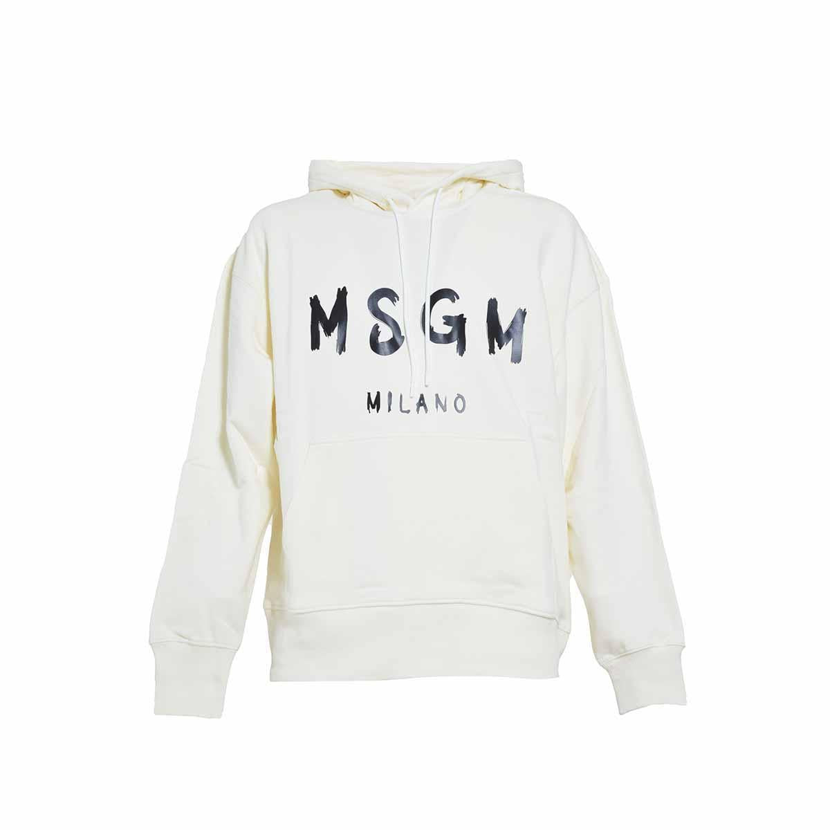 Felpa con cappuccio in cotone crema con stampa logo MSGM 