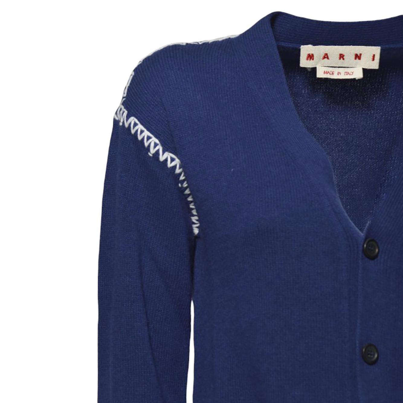 Cardigan in cashmere e lana blu con ricamo Marni 