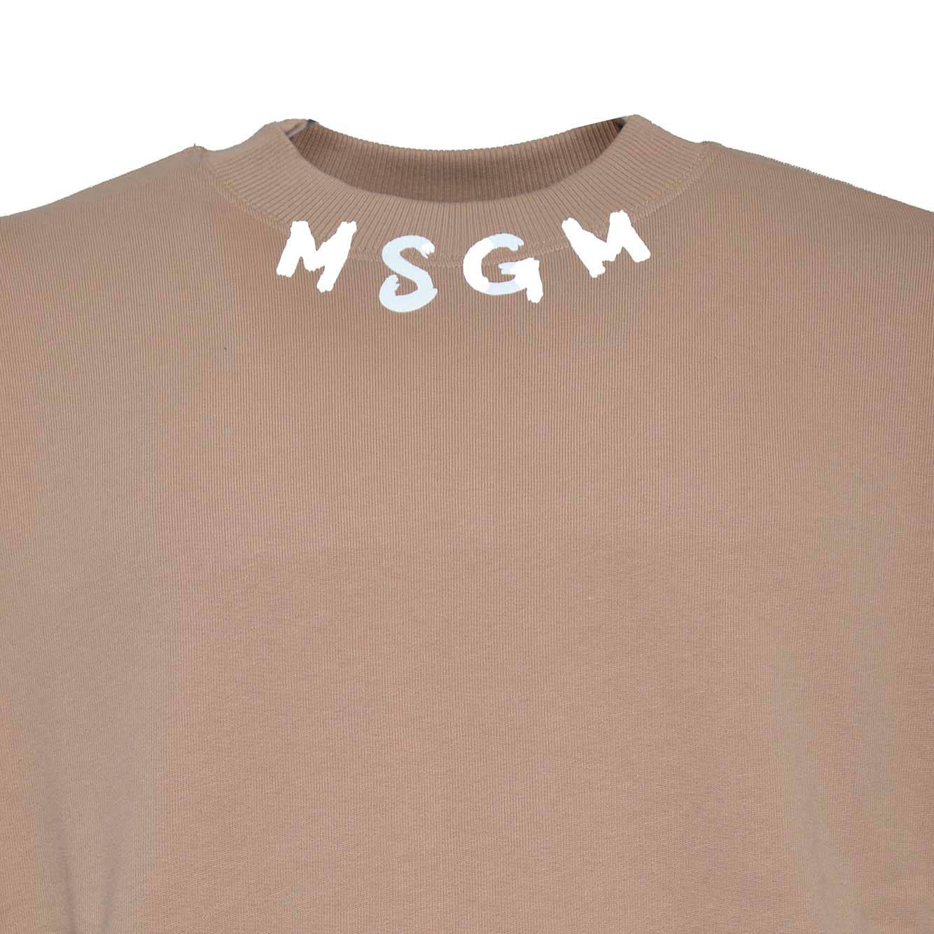 Felpa girocollo in cotone beige stampa logo pennello sul collo MSGM 