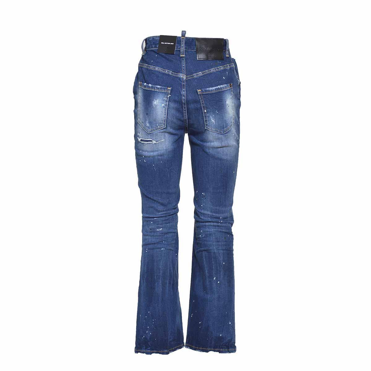 Jeans Bell Bottom a vita alta blu con dettagli vernice Dsquared2 