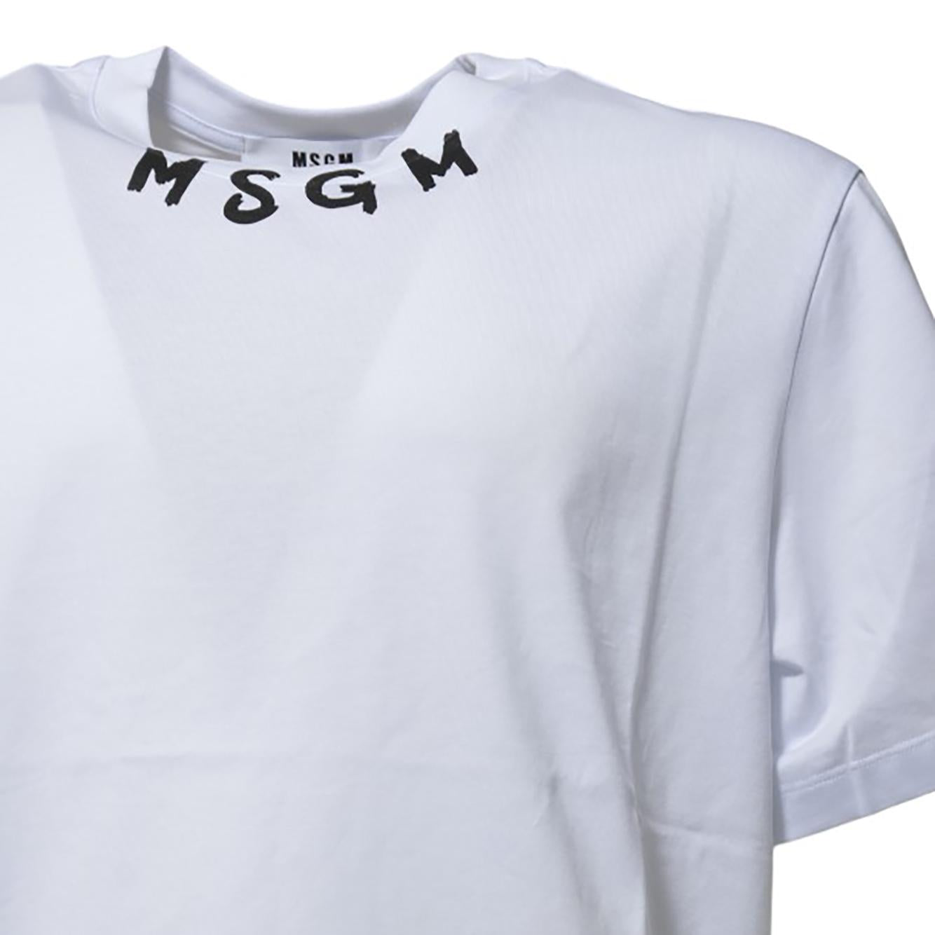 T-shirt in cotone bianco stampa logo su collo MSGM 