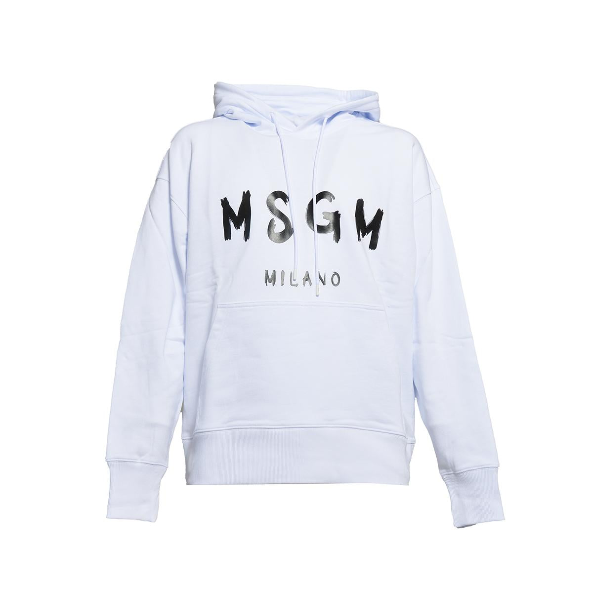 Felpa con cappuccio in cotone bianco con stampa logo MSGM 