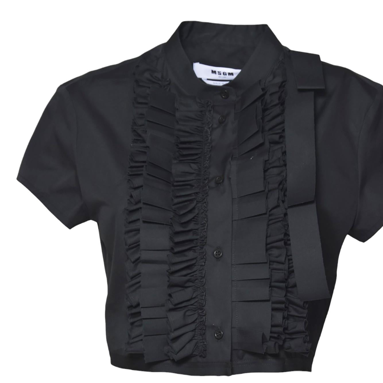 Camicia cropped in cotone nero plissè MSGM 