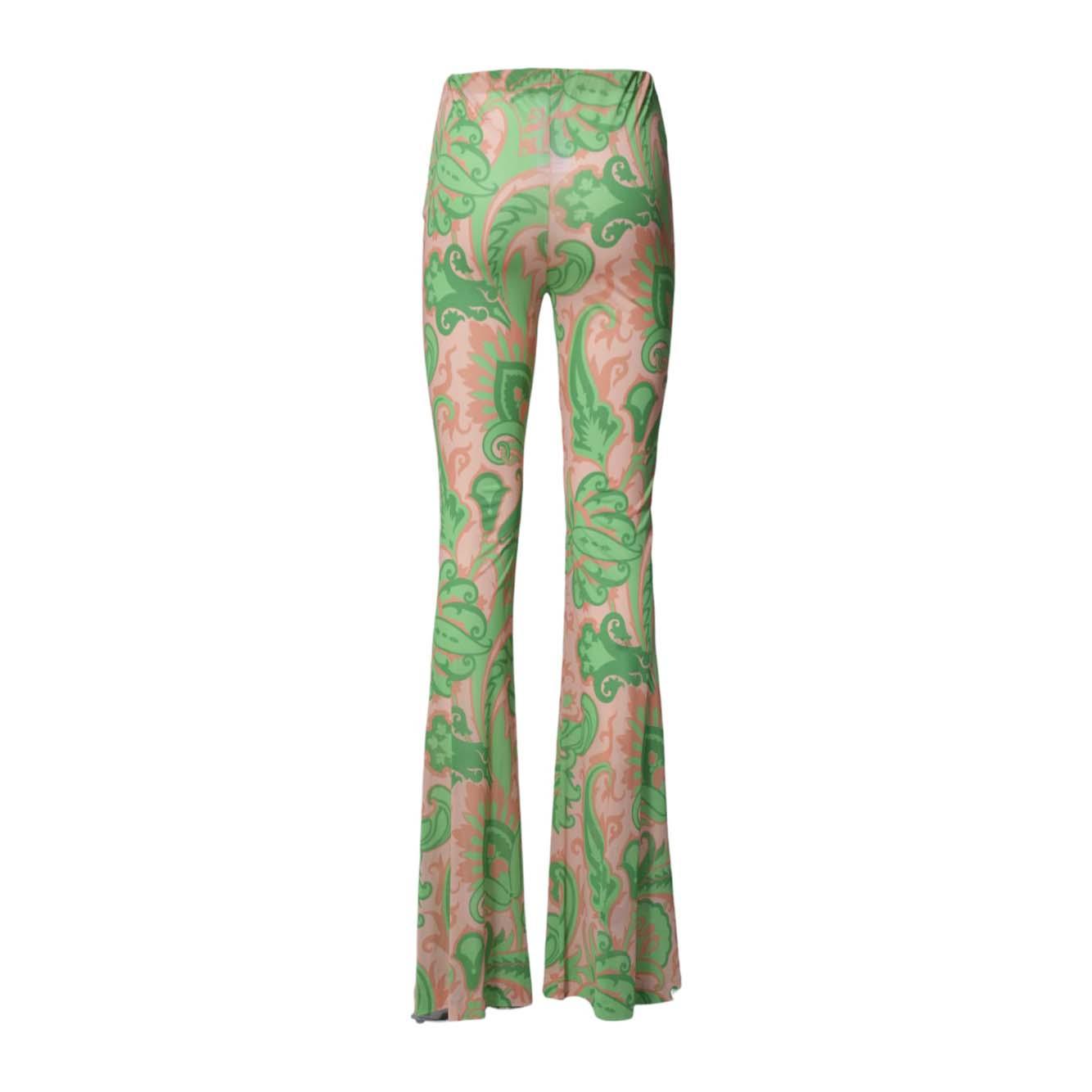 Pantalone flare in viscosa verde stampa paisley rosa e verde Etro 