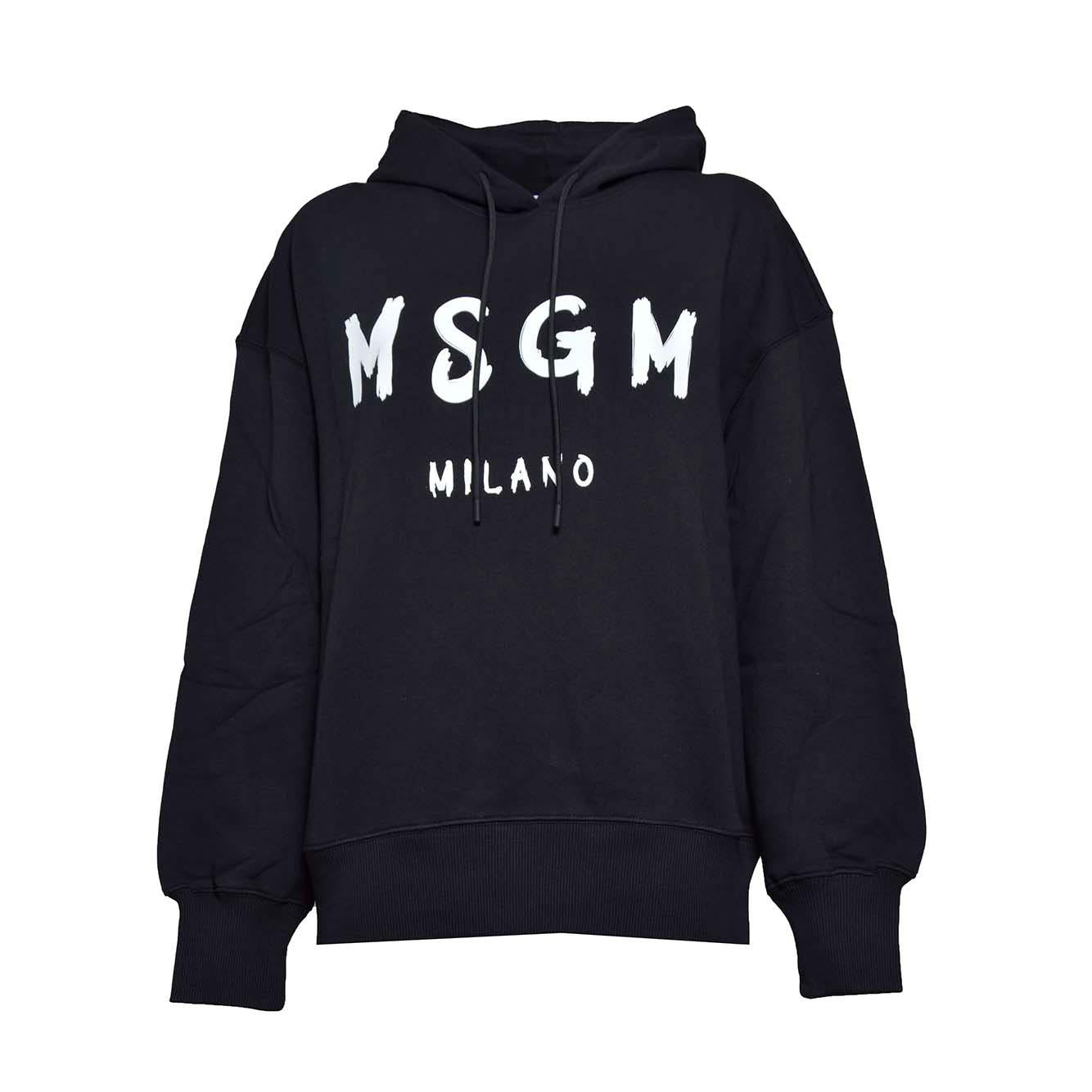 Felpa con cappuccio in cotone nero stampa logo pennello MSGM 