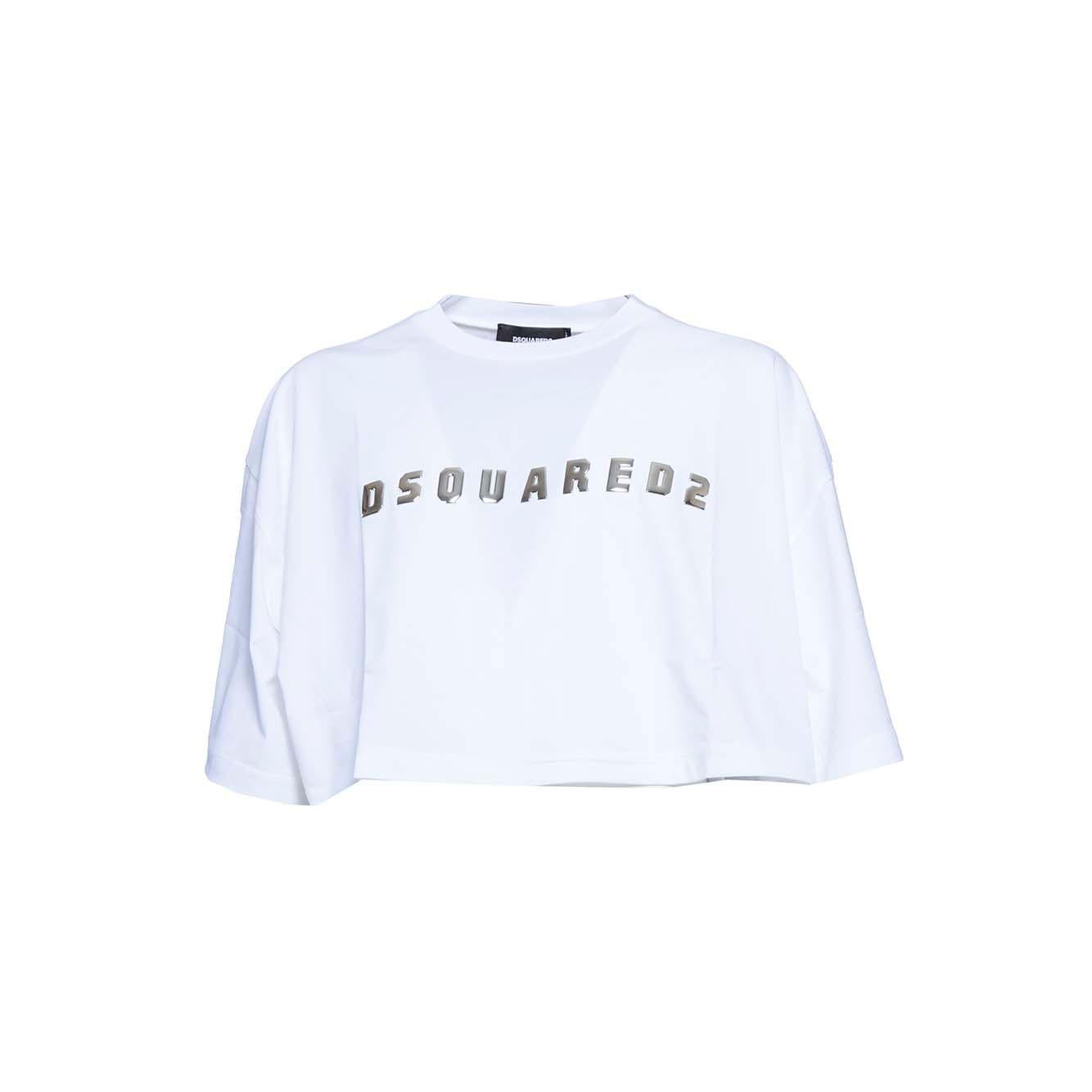 T-shirt oversize crop in cotone bianco con logo argento Dsquared2 