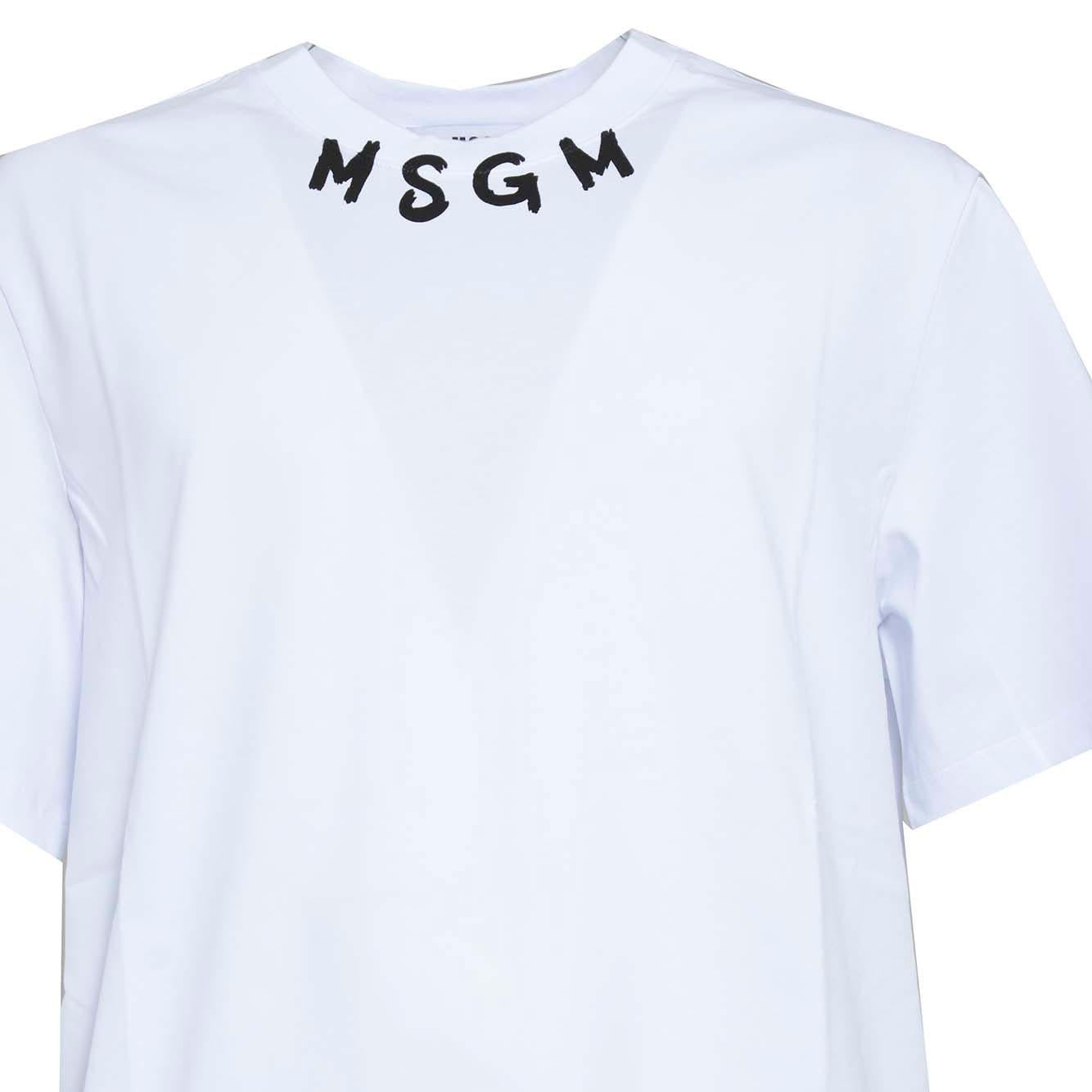 T-shirt in cotone bianco stampa logo pennello sul collo MSGM 