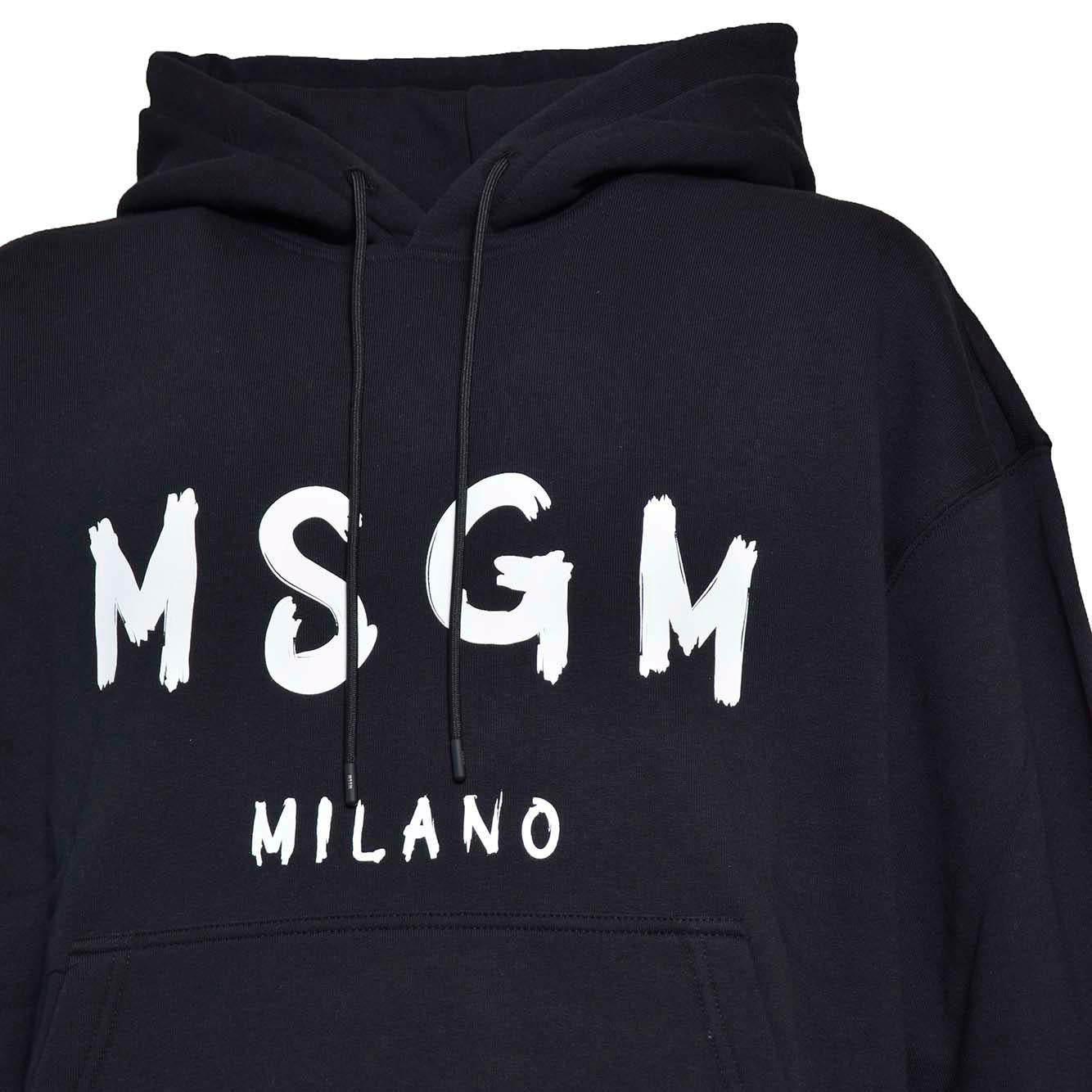 Felpa con cappuccio in cotone nero stampa logo pennello bianco MSGM 
