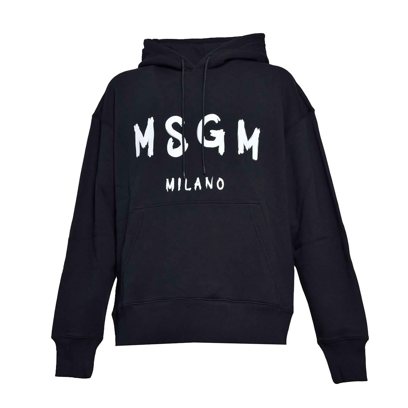 Felpa con cappuccio in cotone nero stampa logo pennello bianco MSGM 