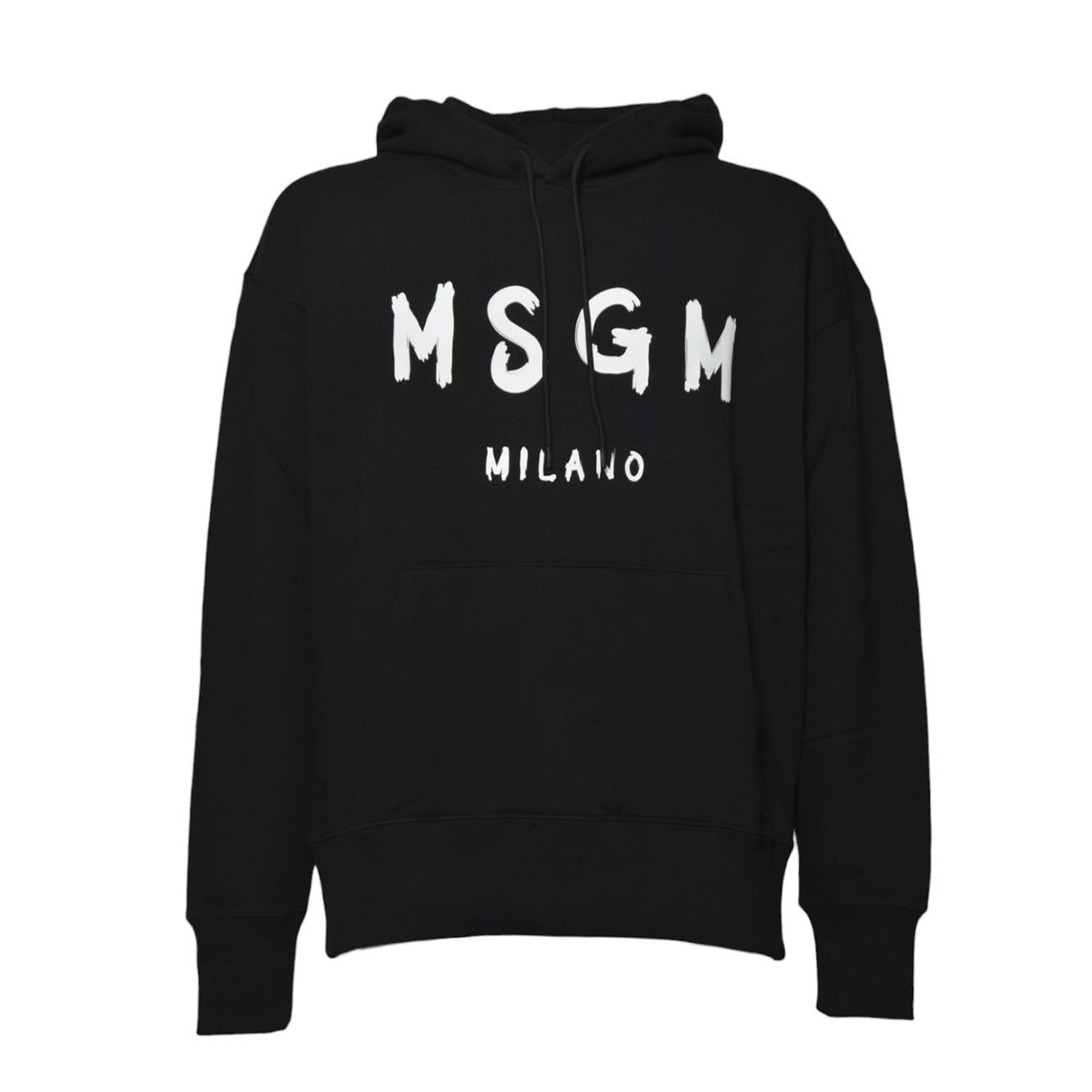 Felpa con cappuccio in cotone nero stampa logo pennello bianco MSGM 