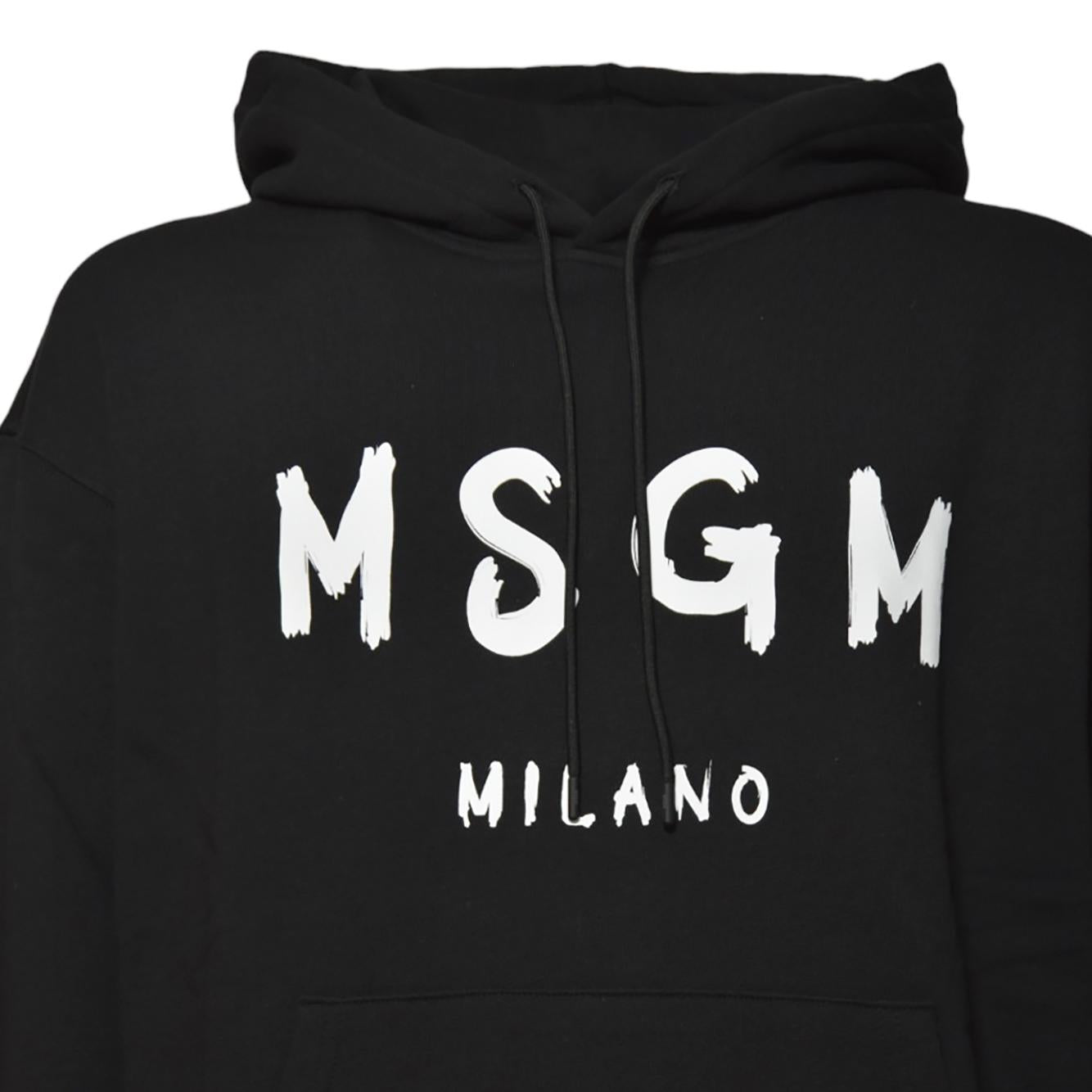 Felpa con cappuccio in cotone nero stampa logo pennello bianco MSGM 