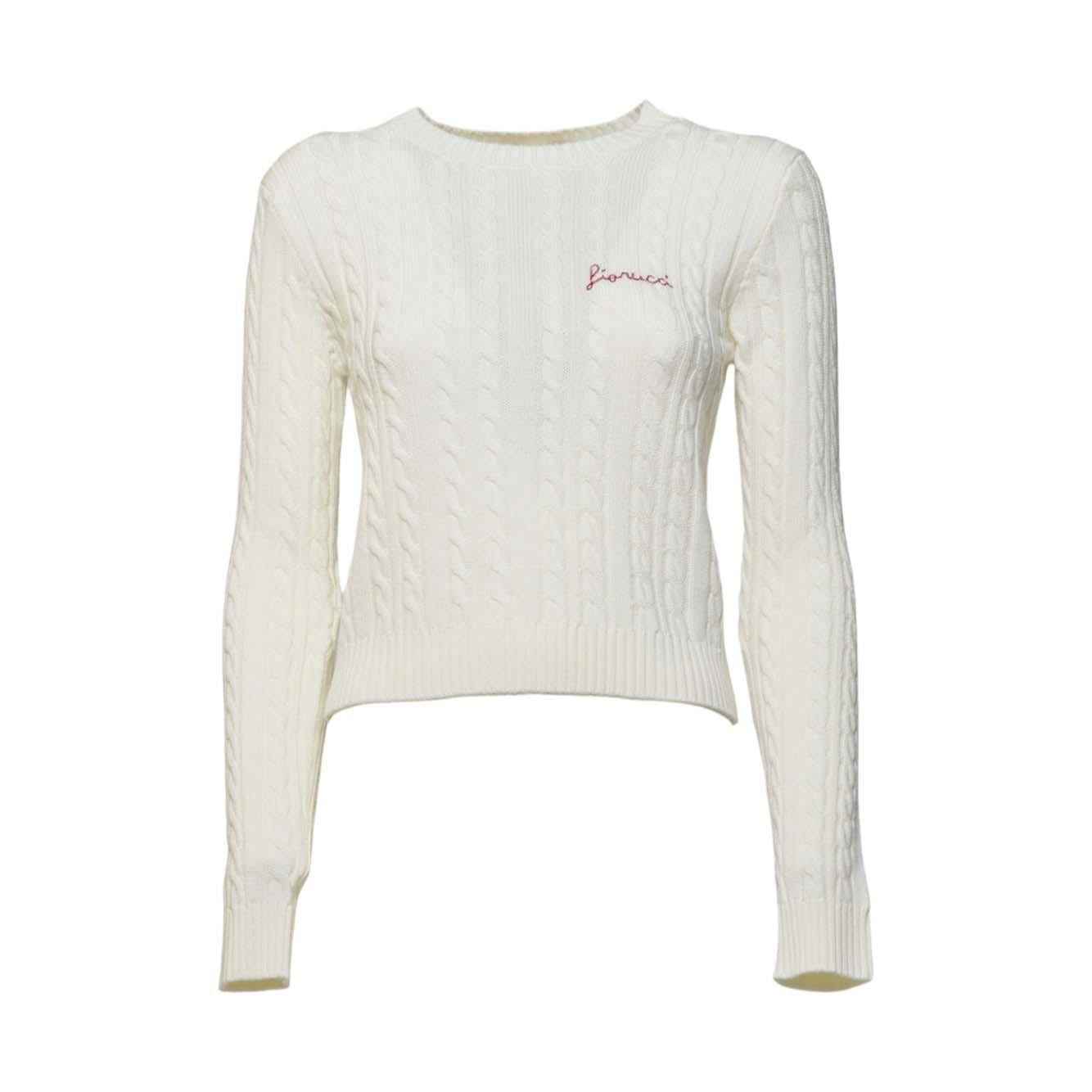 cream merino cableknit red logo cropped sweater 